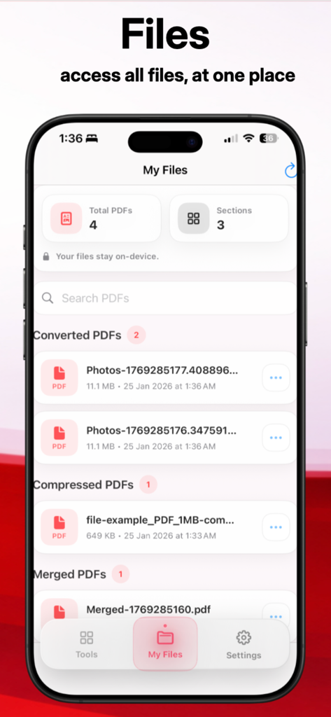 Lista organizada de documentos convertidos y comprimidos en la aplicación PDF Converter.
