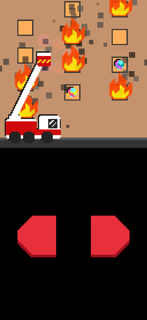 pureya - Pixel art fire truck arcade mini game showing two button controls