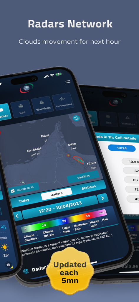 Weather UAE app screen displaying radars network with cloud movement over the map