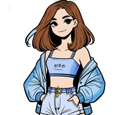 a realistic girl with a crop top and short shorts in an open jacket