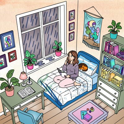 woman sitting in her room journaling,  it is raining outside,  she is looking out of the window in deep thought.  in her room is a desk, bed, other furniture,  decorations on walls, plants, pet laying on bed