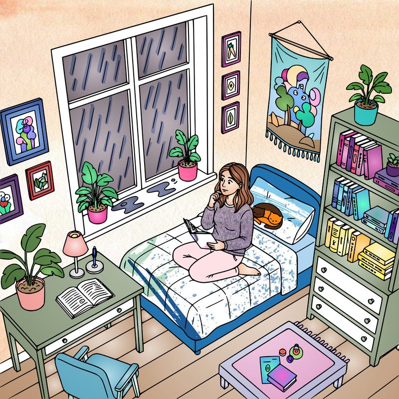 woman sitting in her room journaling,  it is raining outside,  she is looking out of the window in deep thought.  in her room is a desk, bed, other furniture,  decorations on walls, plants, pet laying on bed