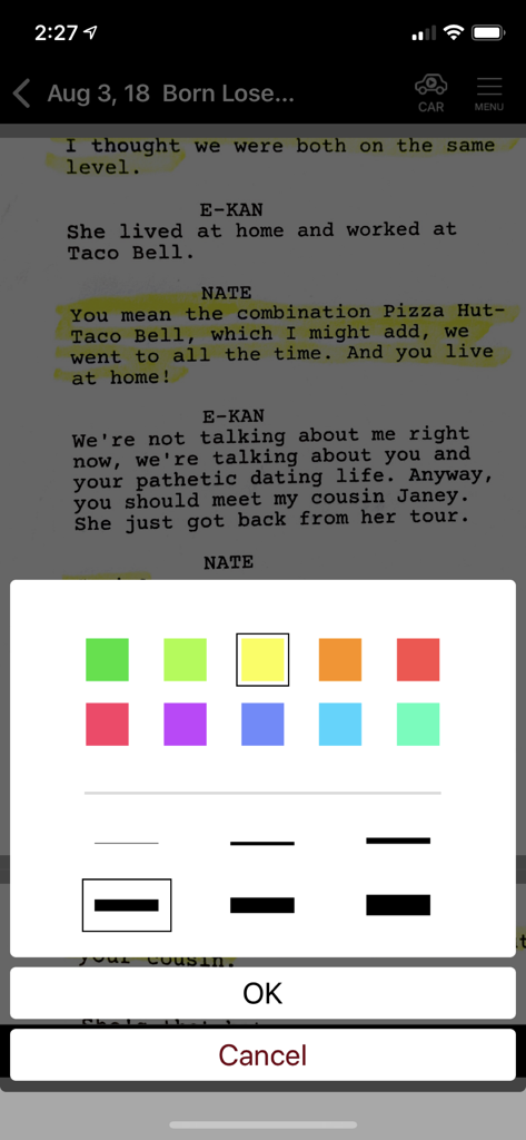 A script page with a color palette and line thickness selection tool for highlighting lines in the Rehearsal Pro app.
