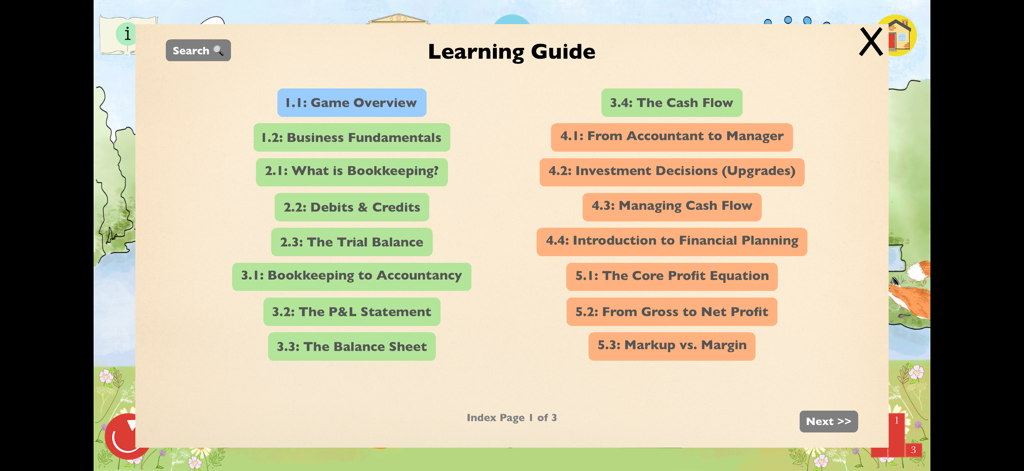 Lemons: Learn Accounting - A menu screen titled Learning Guide showing various accounting topics like bookkeeping and financial statements in the Lemons app.