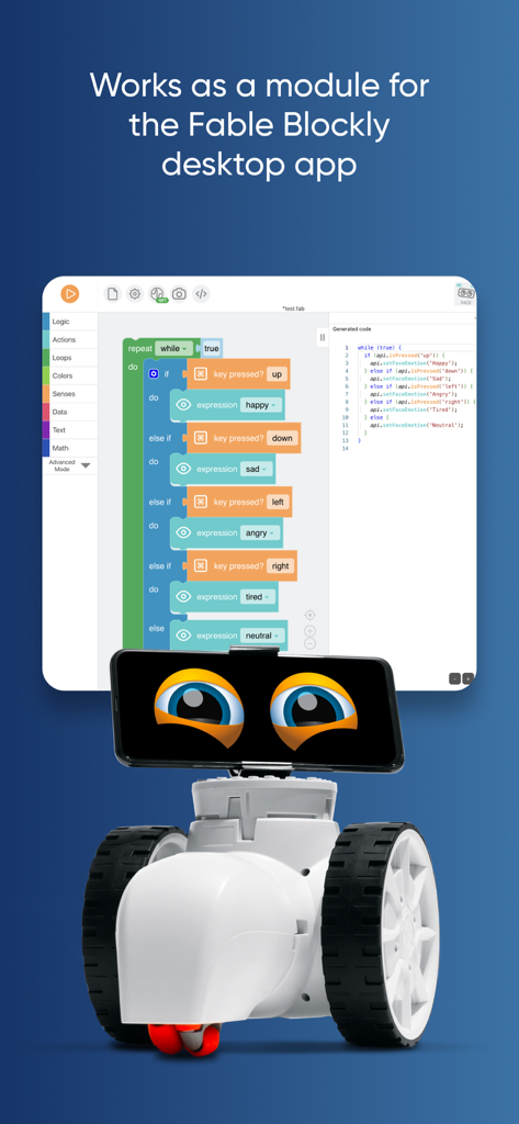 Robô Fable usando o aplicativo Fable Face como um módulo para o software de codificação Fable Blockly