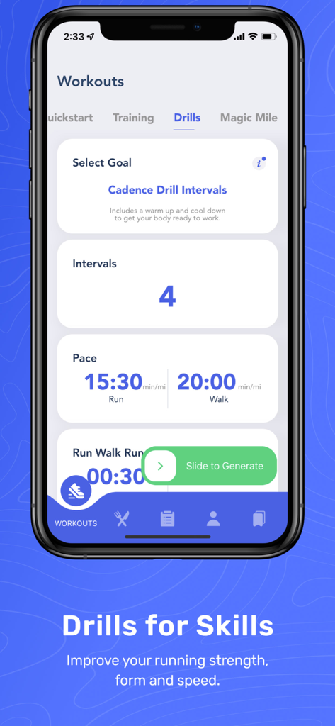 Jeff Galloway Run Walk Run - Jeff Galloway Run Walk Run app showing cadence drill intervals and customizable run-walk pace settings