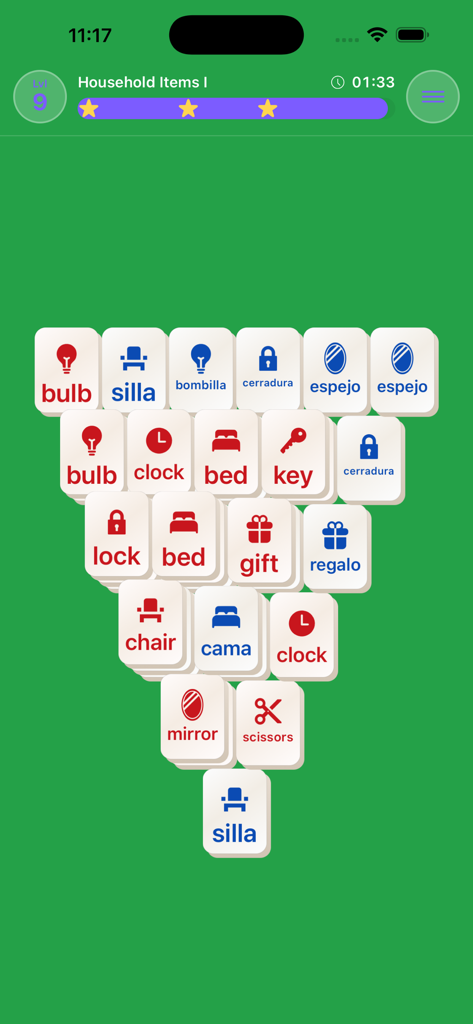 Mahjong Lingo - Mahjong tiles with icons and words in English and Spanish for household items