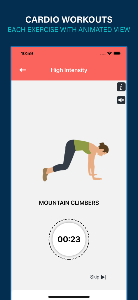 ワークアウトタイマー付きのアニメーションマウンテンクライマーエクササイズが表示されたモバイルアプリ画面。