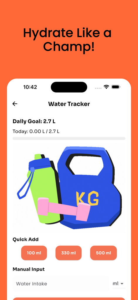 AtlasFit app water tracker showing daily hydration goals and intake logging options