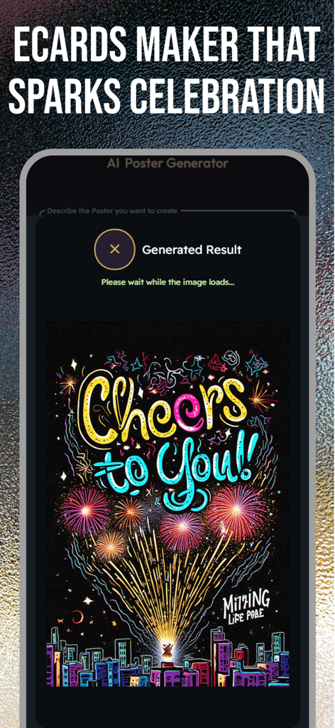 Happy Birthday Greeting eCards - Una tarjeta electrónica generada por IA con fuegos artificiales y el horizonte de la ciudad que dice Salud por ti