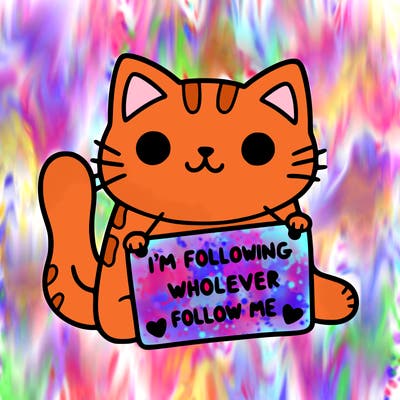 cat with a sign that says i’m following whoever follows me