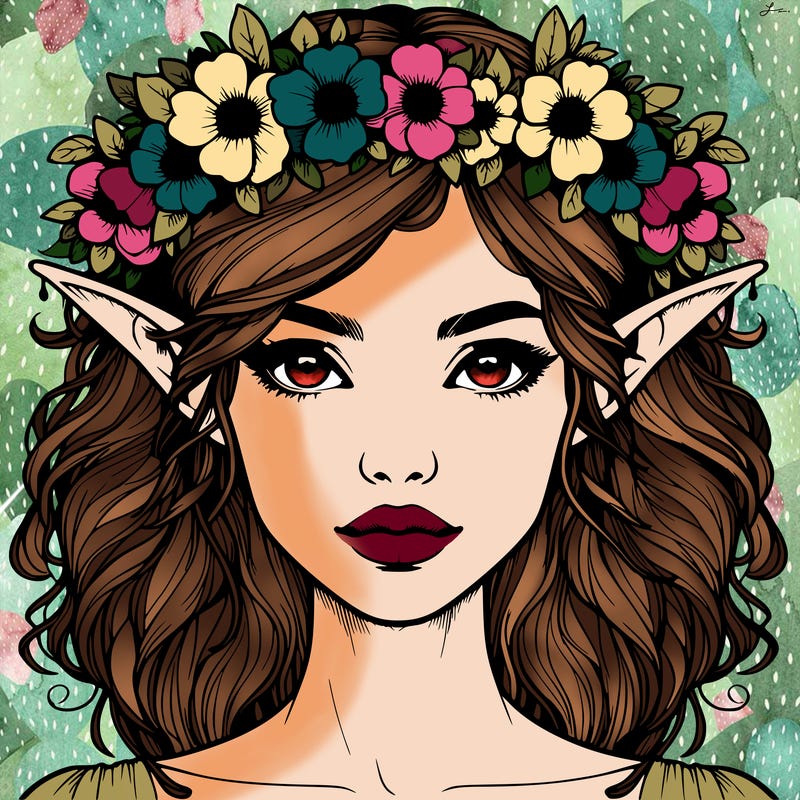 realistic female elf with flower crown