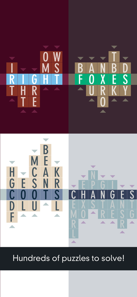 Collage showing four different word puzzle boards from the Typeshift game with various color themes.