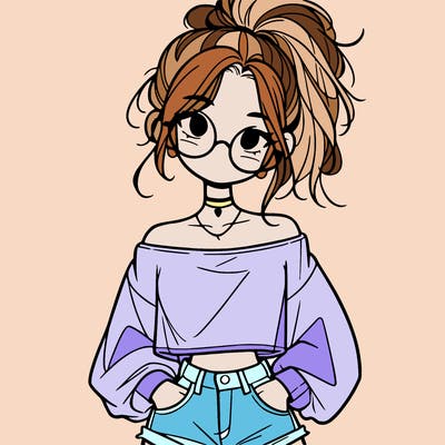 girl with a messy ponytail glasses a baggy crop top and jean shorts