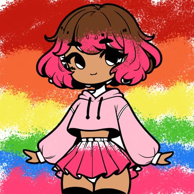 cute femboy with short, fluffy hair that softly frames their face, wearing a cropped hoodie, paired with a flouncy short skirt, and thigh-high stockings