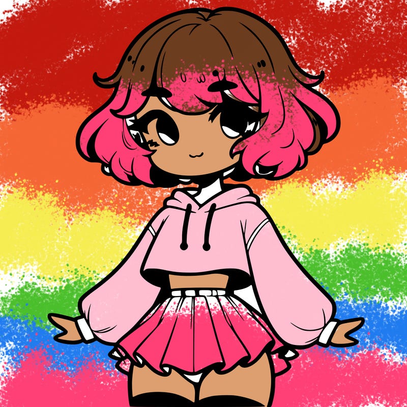cute femboy with short, fluffy hair that softly frames their face, wearing a cropped hoodie, paired with a flouncy short skirt, and thigh-high stockings