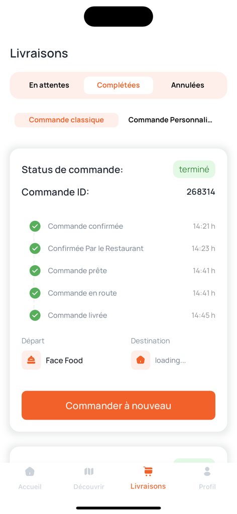Fly Delivery - Fly Delivery app screen showing completed order status and delivery timeline.