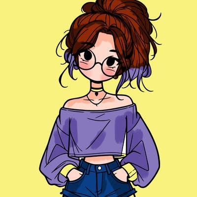 girl with a messy ponytail glasses a baggy crop top and jean shorts
