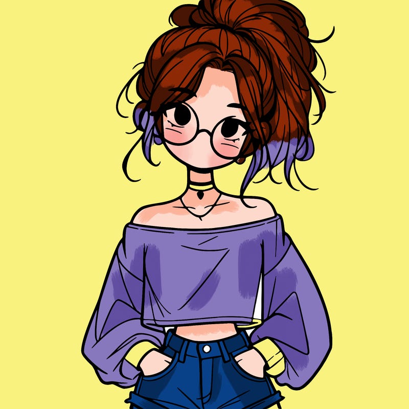 girl with a messy ponytail glasses a baggy crop top and jean shorts