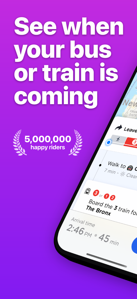 Momego: Bus & Transit Tracker - Momego app interface showing real-time bus and train arrival times on a purple background
