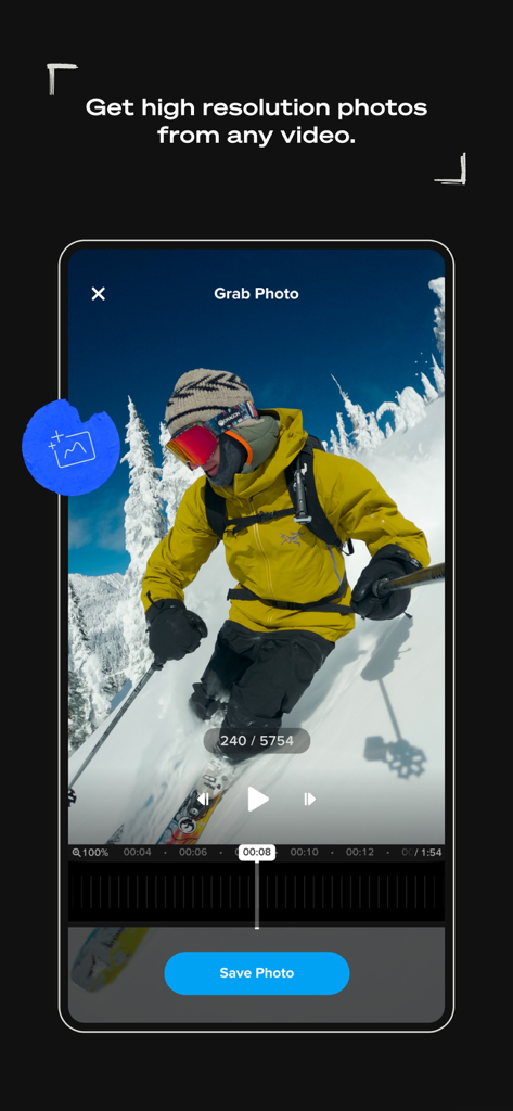 GoPro Quik app interface showing the Grab Photo feature with a person snowboarding