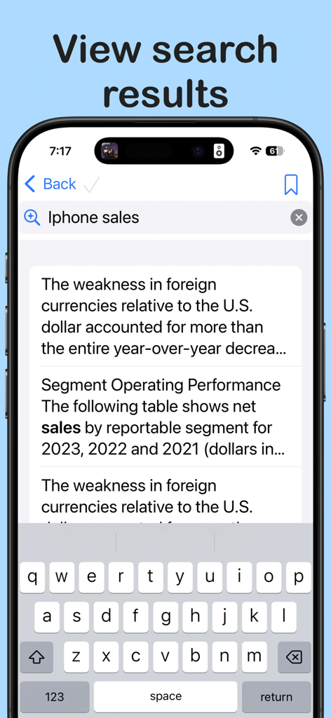 Pdf Text Search - PDF文書でiPhoneの売上に関する検索結果を表示するPDFテキスト検索アプリのインターフェース。