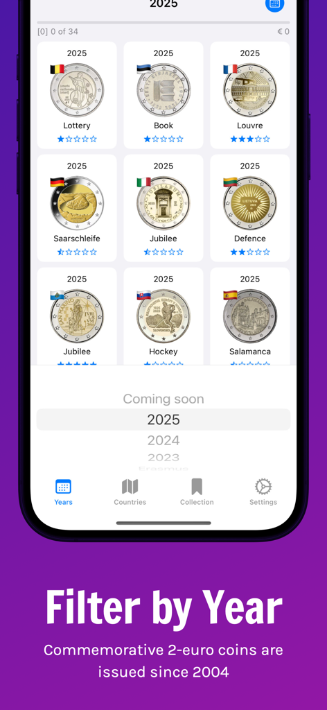 2 Euro - A mobile app interface displaying a collection of 2 Euro coins filtered by the year 2025