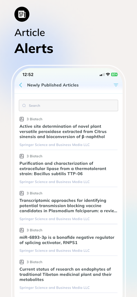 Interfaccia dell'app MyLOFT che visualizza un elenco di articoli di ricerca accademici pubblicati di recente.