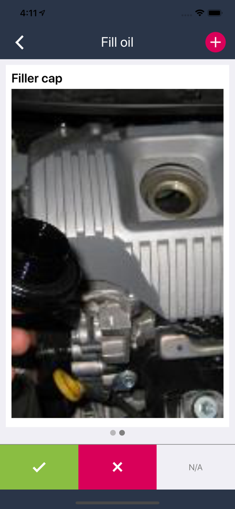 Proceedix Enterprise - Proceedix app displaying a digital work instruction for checking an oil filler cap during maintenance.