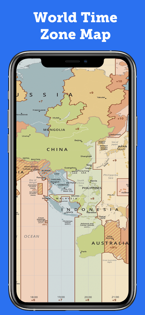 A high-resolution world time zone map showing Asia and Australia on an iPhone.