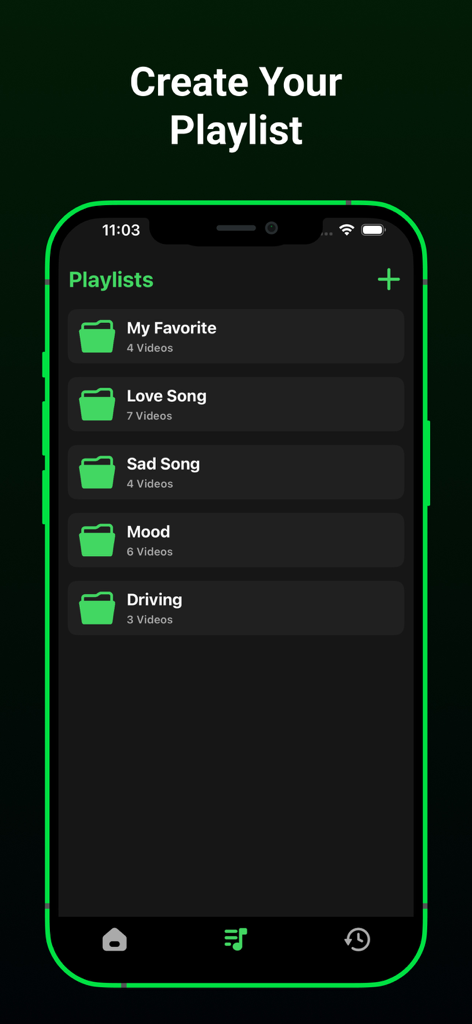 Pure Tuber Lite: Video & Music - Una pantalla móvil que muestra la función de listas de reproducción personalizadas en Pure Tuber Lite con categorías para canciones favoritas, estado de ánimo y conducción
