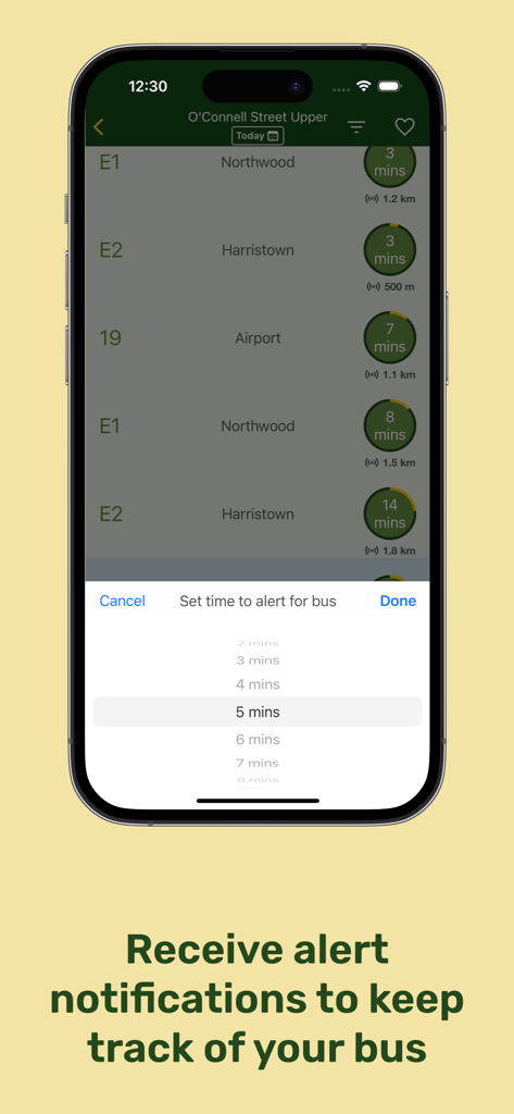 Interface of Next Bus Ireland app showing the bus alert notification picker for live arrival times