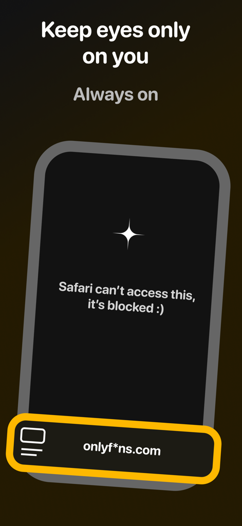 Una pantalla móvil que muestra una notificación de bloqueo de sitio web para adultos con el texto Mantén tus ojos solo en ti.