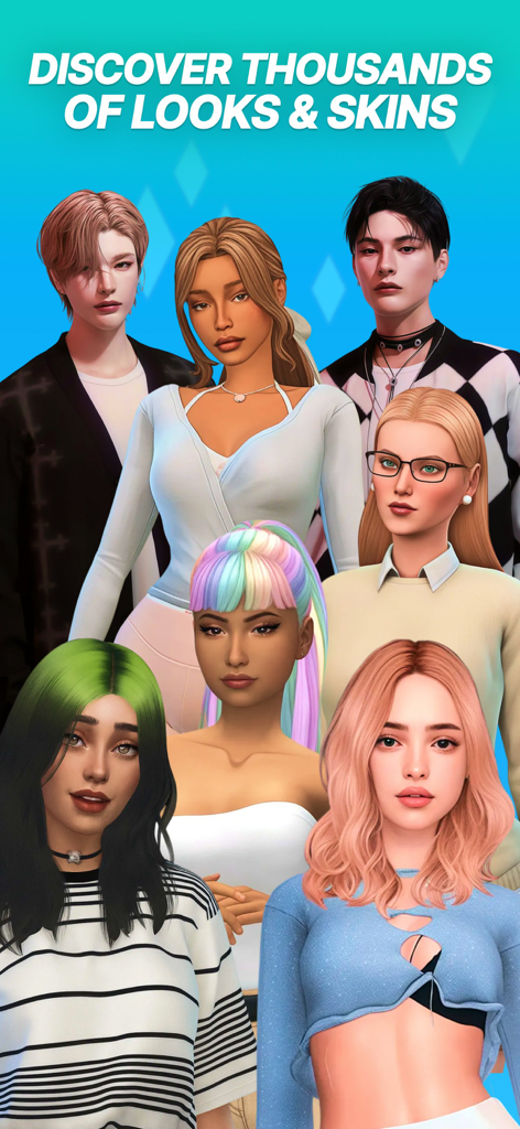 Game Mods for The Sims 4 - A group of diverse Sims 4 characters showcasing unique custom hairstyles and fashionable outfits.