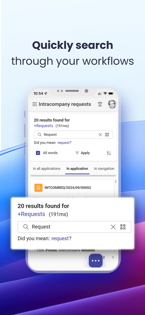 Mobile Benutzeroberfläche der WEBCON BPS App, die die Suchfunktion für Geschäfts-Workflows anzeigt