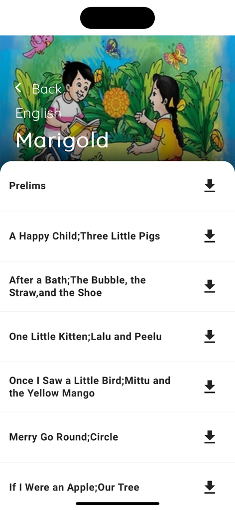 NCERT Books app interface showing English Marigold textbook chapters with download icons
