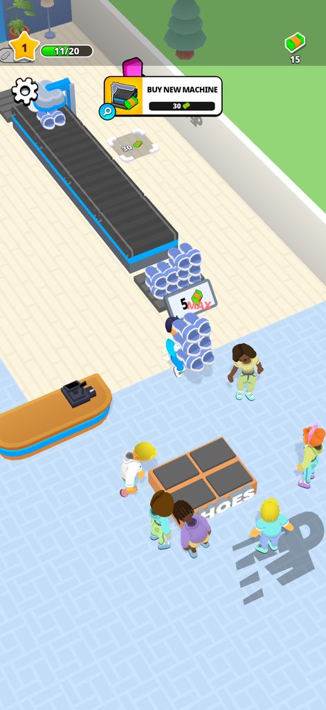 Gameplay screenshot of Just Step Fashion Empire showing a character carrying a stack of sneakers near a production line and shoe display