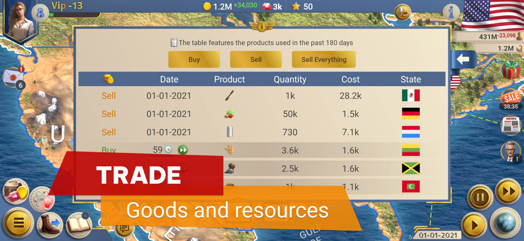 Trade interface in MA 2 President Simulator showing goods and resources transactions with different countries