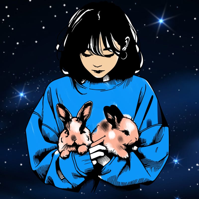 realistic girl with messy bunny baggy sweatshirt and holding bunnies