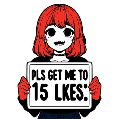 realistic girl holding up a sign that says “pls get me to 15 likes!”