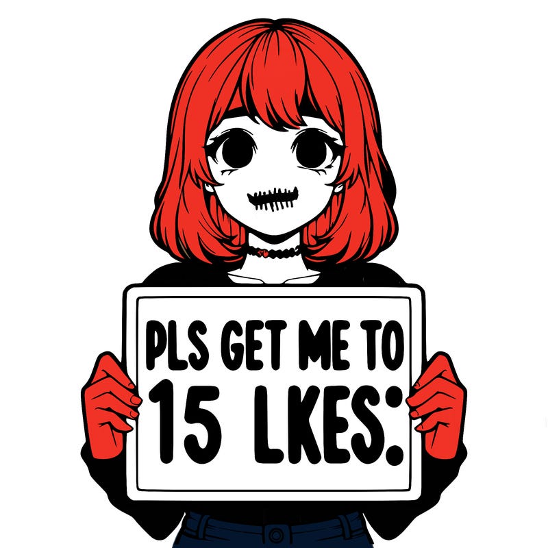 realistic girl holding up a sign that says “pls get me to 15 likes!”