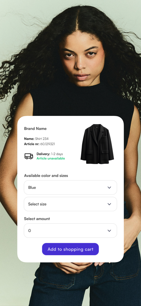 Pantalla del producto en la aplicación para verificar stock y reordenar artículos de moda