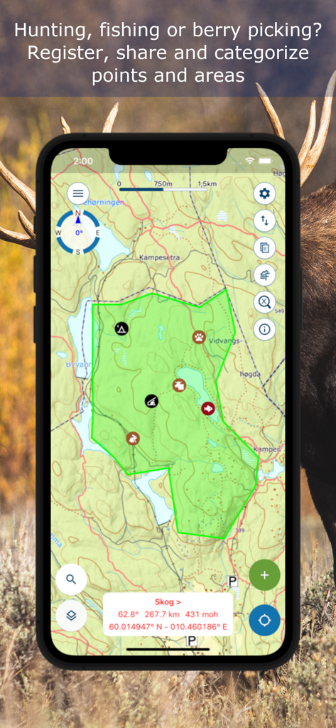 Norgeskart friluftsliv - Topographic map in Norgeskart app showing custom points and areas for hunting and fishing.