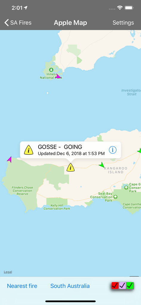 SA Fires - Map interface of the SA Fires app showing a fire alert on Kangaroo Island