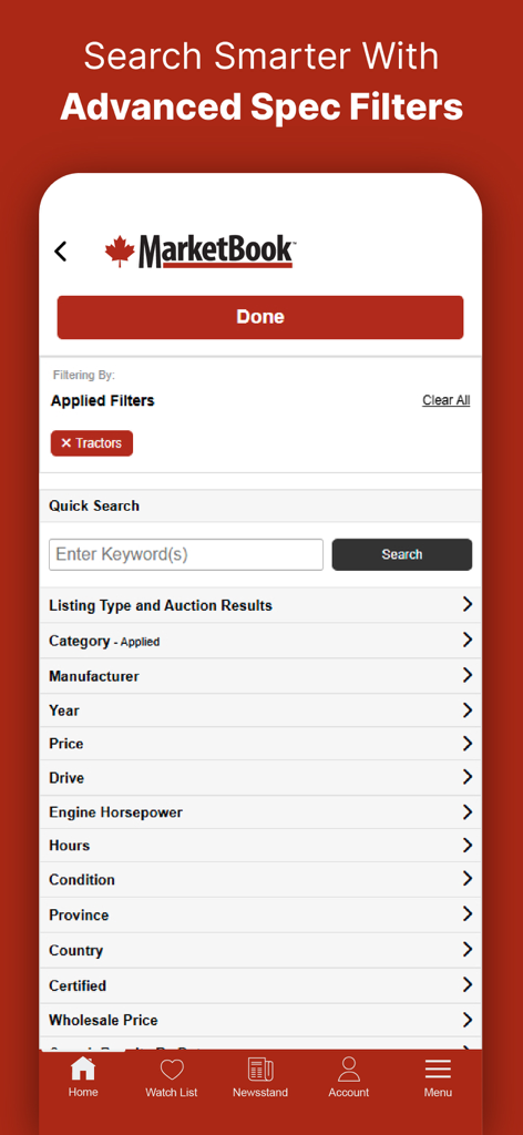 MarketBook - Interfaz de la aplicación móvil MarketBook que muestra filtros de búsqueda avanzados para equipos pesados como tractores