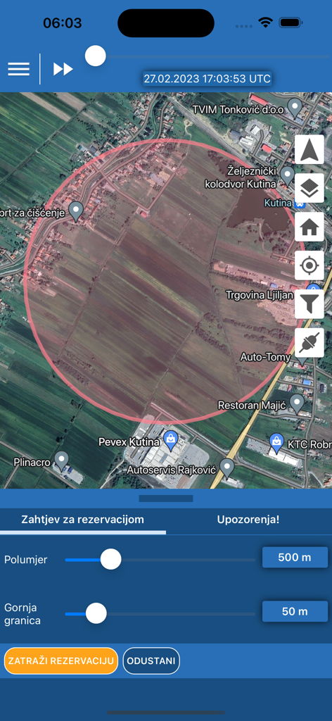 AMC Portal Mobile app interface showing a map with a red circular drone flight zone and controls for radius and altitude