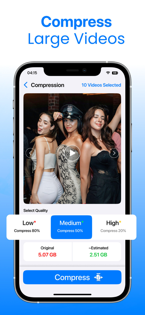 The Cleanout app interface showing options to compress large videos and save storage space on an iPhone.