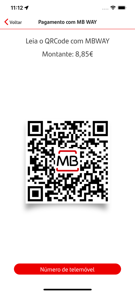 Get Mini - MB WAY QR code payment screen in the Get Mini app showing a transaction of 8.85 Euros
