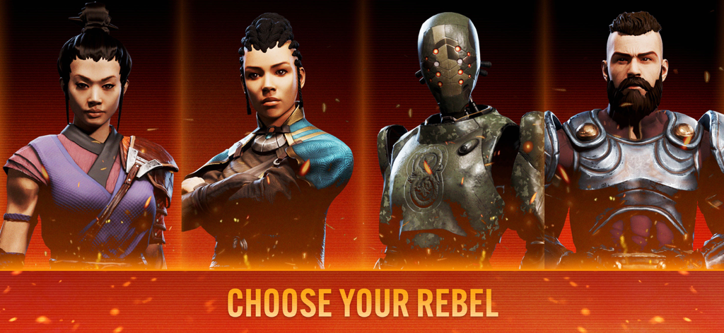 Blood Line: A Rebel Moon Game - A lineup of four diverse character classes from Blood Line A Rebel Moon Game under the banner Choose Your Rebel