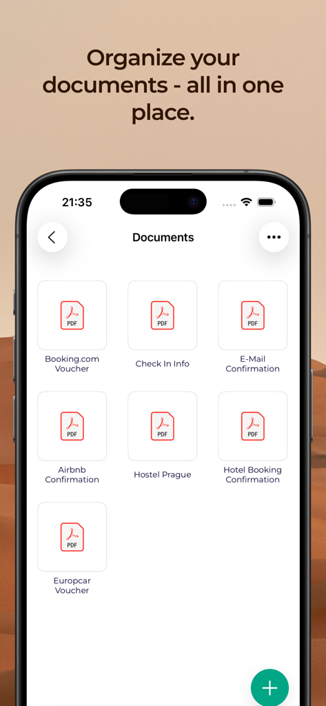 Lambus | Travel Planner - Interface do aplicativo de viagens Lambus mostrando documentos de viagem em PDF organizados e confirmações de reserva em um só lugar
